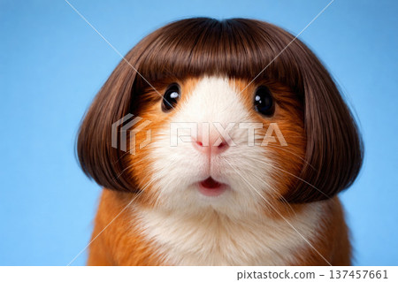 Guinea pig with human hairstyle on a blue background. Guinea pig with human hairstyle on a blue background. 137457661