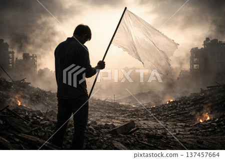A man with a white flag among the ruins of a ruined city. Space for text. 137457664