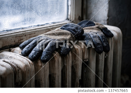 Wet work gloves are drying on an old radiator by the window. Wet work gloves are drying on an old radiator by the window. 137457665