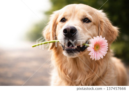 Dog with a flower in its teeth on a blurred background of nature. Space for text. Dog with a flower in its teeth on a blurred background of nature. Space for text. 137457666