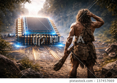 Primitive man in front of a giant microchip as a metaphor for technology. Primitive man in front of a giant microchip as a metaphor for technology. 137457669