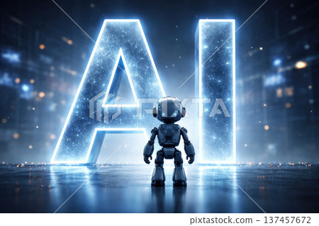 A small robot stands in front of a huge glowing AI lettering. 137457672