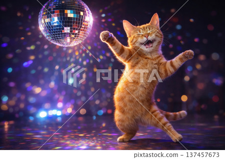 Ginger cat dancing to a disco ball at a bright party. 137457673