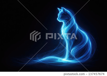 A glowing blue cat made of energy on a dark background. Space for text. 137457674