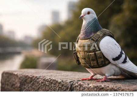 A dove in a military bulletproof vest, the contrast of peace and war. Space for text. A dove in a military bulletproof vest, the contrast of peace and war. Space for text. 137457675