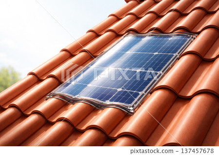 Solar panel built into the tiled roof of the house, clean energy. 137457678