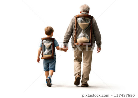 A boy and an elderly man with an hourglass on his back. 137457680
