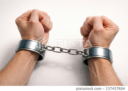 Handcuffed hands on a light background. Handcuffed hands on a light background. 137457684