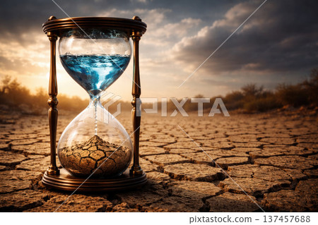 An hourglass with water over the cracked ground is a symbol of drought. Space for text. An hourglass with water over the cracked ground is a symbol of drought. Space for text. 137457688