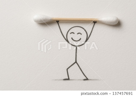 A drawn man lifts a cotton swab like a barbell. Space for text. A drawn man lifts a cotton swab like a barbell. Space for text. 137457691