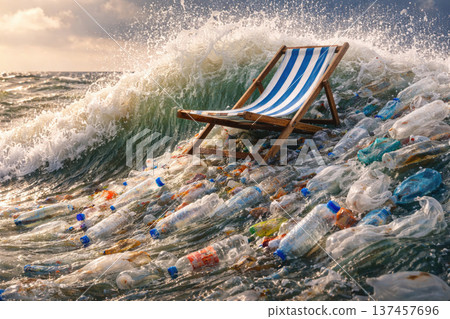 A sun lounger on a wave of plastic garbage in the ocean is an environmental disaster. 137457696
