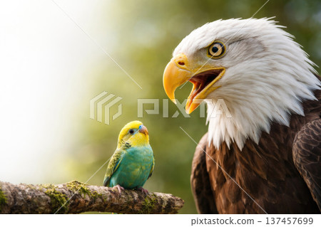 Bald eagle next to a small parrot on a branch. Space for text. 137457699