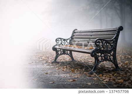 An empty bench in a foggy autumn park. Space for text. 137457706