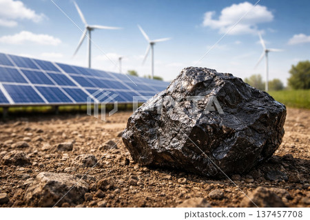 Coal against the background of solar panels and wind turbines. 137457708