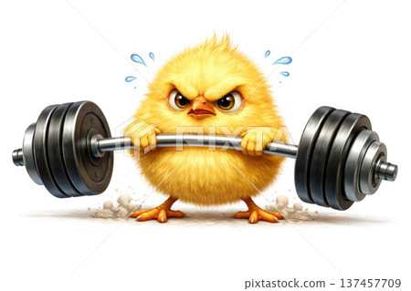 A small chicken lifts a heavy barbell. A small chicken lifts a heavy barbell. 137457709