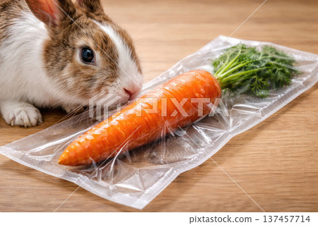 Rabbit sniffing large vacuum-packed carrots. 137457714