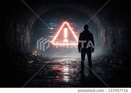 The silhouette of a man in front of a warning sign in a gloomy tunnel. 137457716