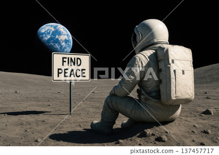 An astronaut sits next to a Find Peace sign. 137457717