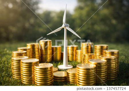 A wind turbine among stacks of gold coins on the grass. 137457724