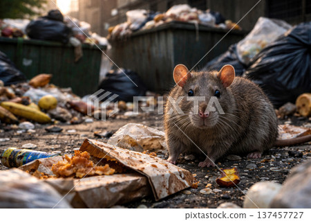 A rat among the garbage near overflowing containers. A rat among the garbage near overflowing containers. 137457727