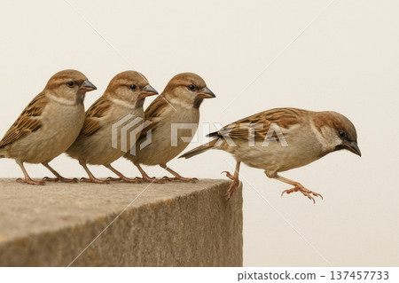 Sparrows stand in a row on the edge and one jumps forward. Sparrows stand in a row on the edge and one jumps forward. 137457733