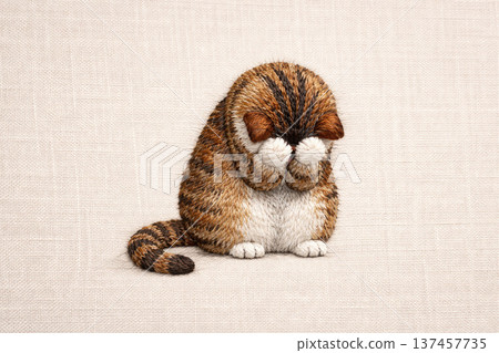 An embroidered cat covering its face with its paws, on linen fabric. Space for text. An embroidered cat covering its face with its paws, on linen fabric. Space for text. 137457735