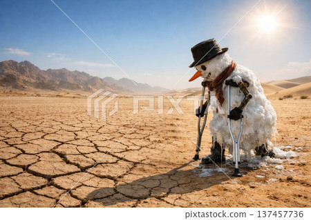 A melting snowman on crutches in a hot desert. Space for text. A melting snowman on crutches in a hot desert. Space for text. 137457736