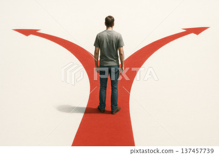 A man on the fork in the red carpet, facing a choice. 137457739