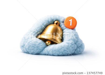A golden bell with a notification in a soft fluffy nest. 137457749