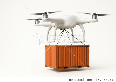 A drone picks up a large orange container. Space for text. A drone picks up a large orange container. Space for text. 137457755