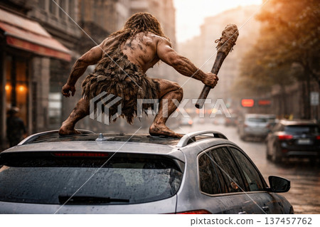 A primitive man with a club on the roof of a car. 137457762