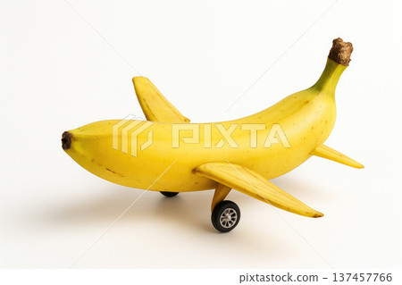 Banana in the shape of an airplane on a light background. Banana in the shape of an airplane on a light background. 137457766