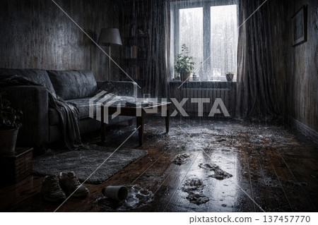 A gloomy living room, completely flooded by rain from the ceiling. 137457770