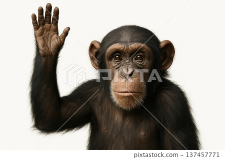 A chimpanzee with a raised hand on a light background. 137457771