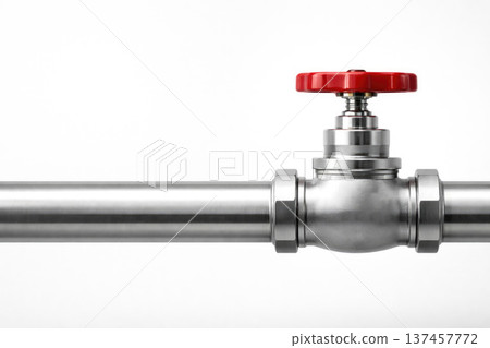 Metal piping with red valve on white background. Space for text. Metal piping with red valve on white background. Space for text. 137457772