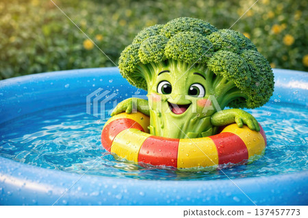 Funny cartoon broccoli in a pool with a circle. Funny cartoon broccoli in a pool with a circle. 137457773