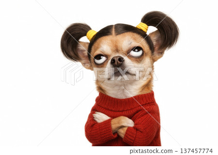 A funny dog with a hairstyle and a skeptical expression on his face. Space for text. 137457774