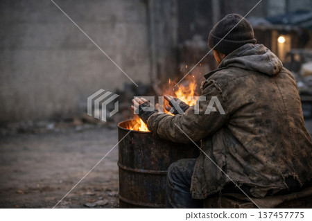 A homeless man warms his hands by a barrel of fire in winter. Space for text. A homeless man warms his hands by a barrel of fire in winter. Space for text. 137457775
