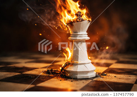 A burning chess king on the board as a symbol of collapse. A burning chess king on the board as a symbol of collapse. 137457790
