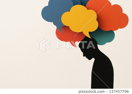 Silhouette of a man with thoughts in the form of clouds. Space for text. Silhouette of a man with thoughts in the form of clouds. Space for text. 137457796