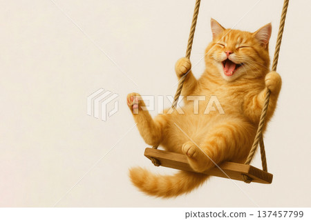A ginger cat laughs on a swing, joy and carefreeness. Space for text. 137457799