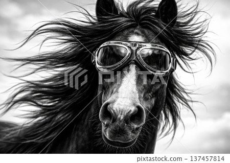 Horse in sunglasses on a light background. 137457814