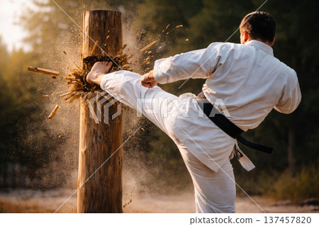A karateka in a white kimono smashes a wooden pole with a strong kick. A karateka in a white kimono smashes a wooden pole with a strong kick. 137457820
