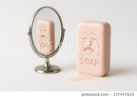 A crying soap dish looks at itself in the mirror. 137457829