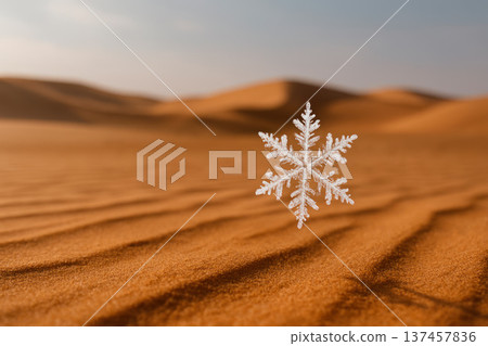 A snowflake lies in the desert on the sand. Space for text. A snowflake lies in the desert on the sand. Space for text. 137457836