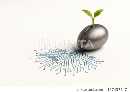A metal seed with a green sprout and digital roots. Space for text. 137457847