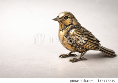 Mechanical bird made of metal on a light background. Space for text. 137457849