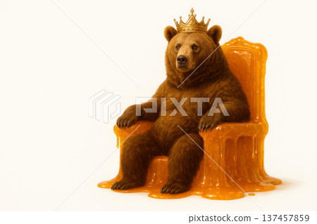 A bear with a crown sits on a melting honey throne. Space for text. A bear with a crown sits on a melting honey throne. Space for text. 137457859