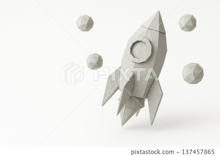 Origami style paper rocket and spheres. Space for text. 137457865