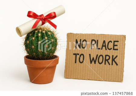 Cactus with a diploma and a sign without work. Cactus with a diploma and a sign without work. 137457868